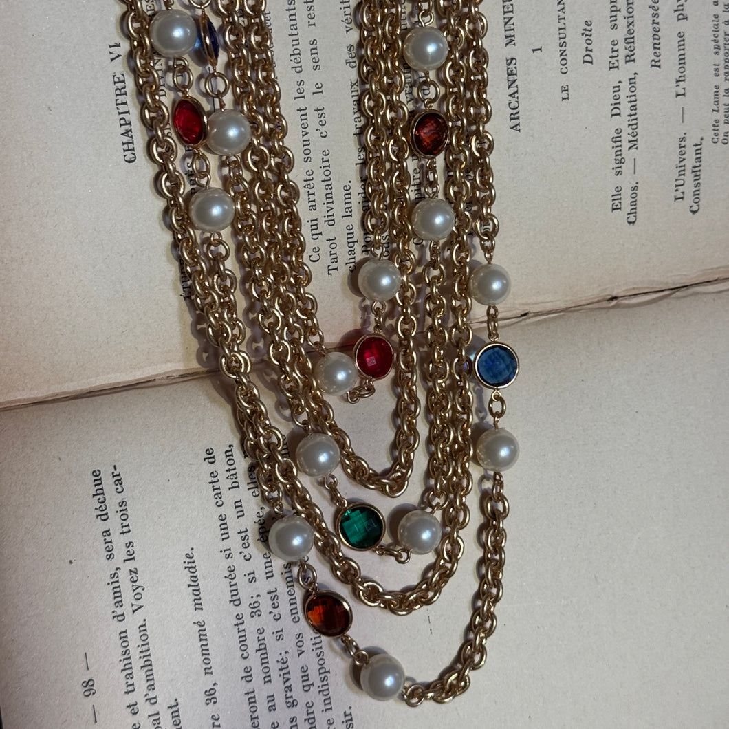 Vintage Style Multiple Gems and Pearls Long Necklace